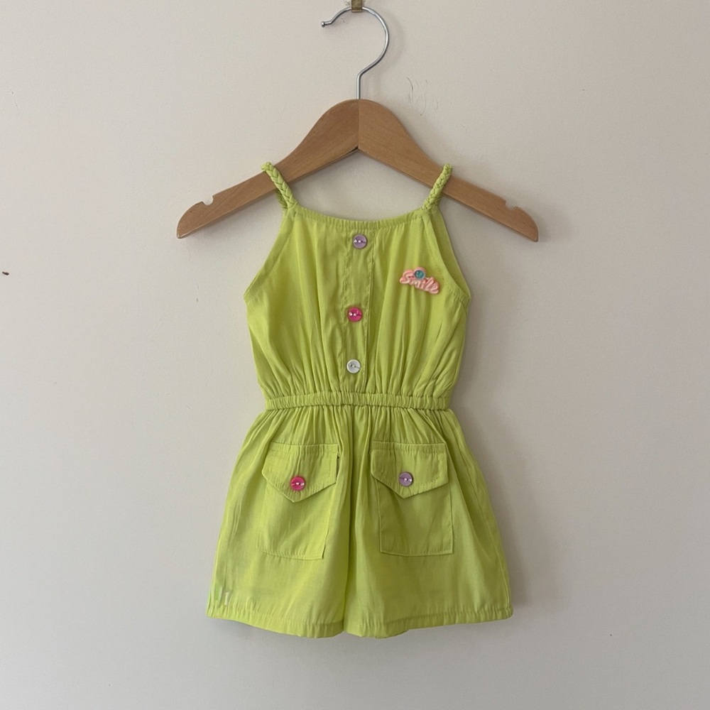 VINTAGE Y2K EUC Chartreuse Smiley Colorful Button Romper